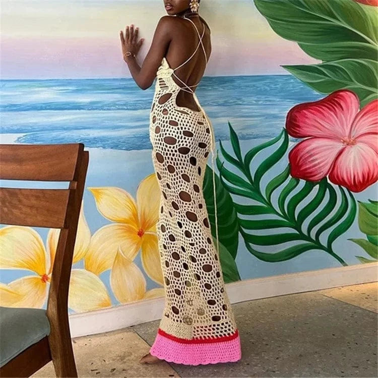Summer Sexy Apricot Knitted Long Dresses Beach Outfits For Women 2024 Hollow Out Halter Maxi Dress Bandage Vacation Dress