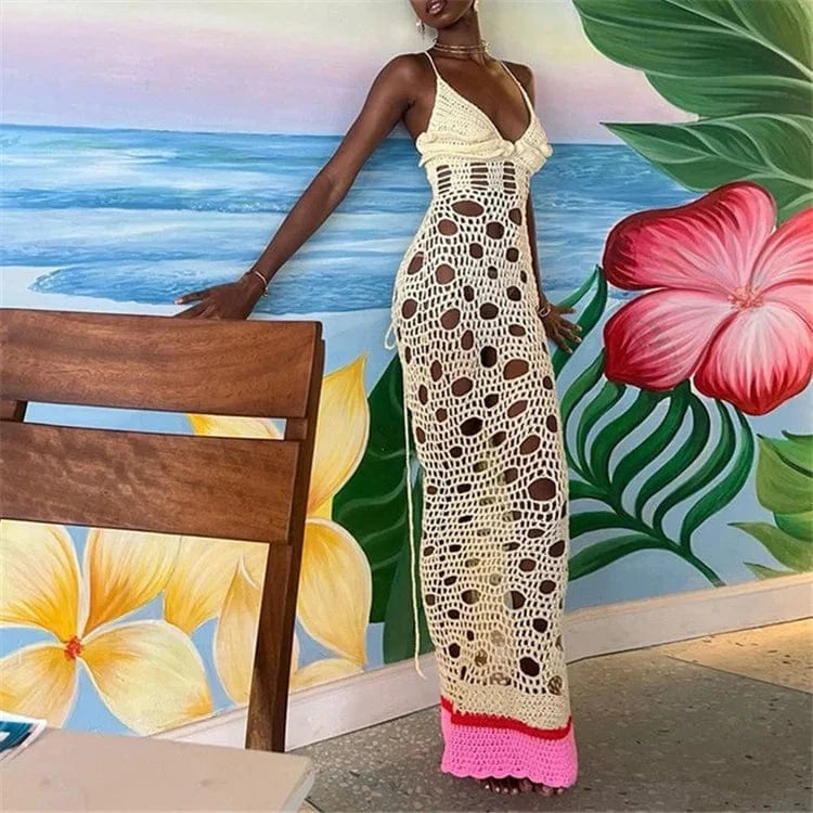 Summer Sexy Apricot Knitted Long Dresses Beach Outfits For Women 2024 Hollow Out Halter Maxi Dress Bandage Vacation Dress