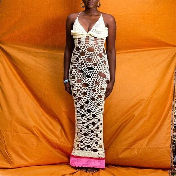Summer Sexy Apricot Knitted Long Dresses Beach Outfits For Women 2024 Hollow Out Halter Maxi Dress Bandage Vacation Dress