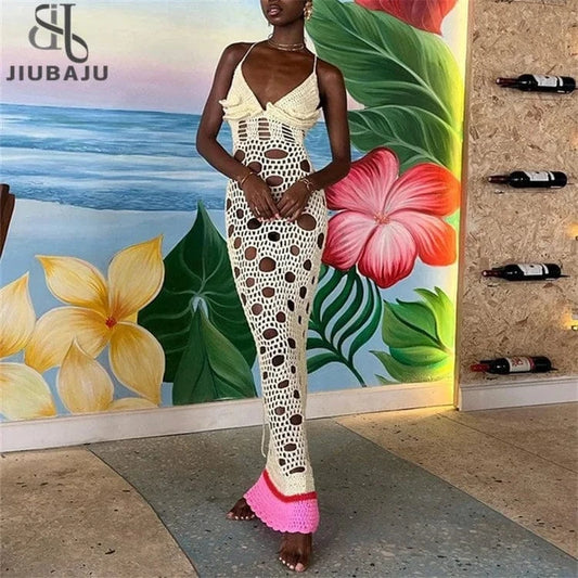 Summer Sexy Apricot Knitted Long Dresses Beach Outfits For Women 2024 Hollow Out Halter Maxi Dress Bandage Vacation Dress