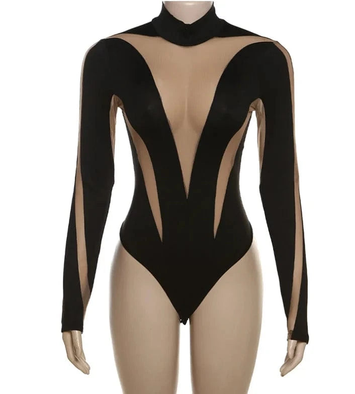 Summer Sexy Club Bodysuits 2024 New Long Sleeve Mesh Patchwork Slim Bodysuits Top See Through Bodysuits For Women