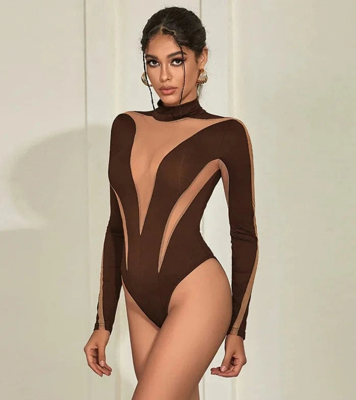 Summer Sexy Club Bodysuits 2024 New Long Sleeve Mesh Patchwork Slim Bodysuits Top See Through Bodysuits For Women