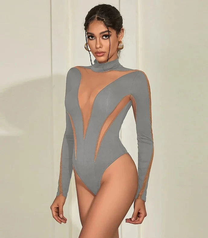 Summer Sexy Club Bodysuits 2024 New Long Sleeve Mesh Patchwork Slim Bodysuits Top See Through Bodysuits For Women
