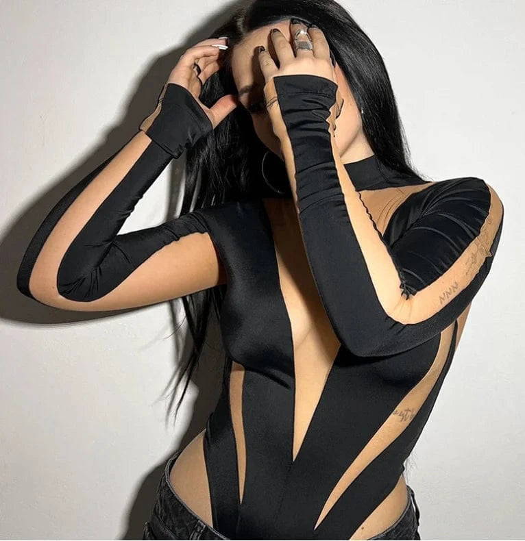 Summer Sexy Club Bodysuits 2024 New Long Sleeve Mesh Patchwork Slim Bodysuits Top See Through Bodysuits For Women