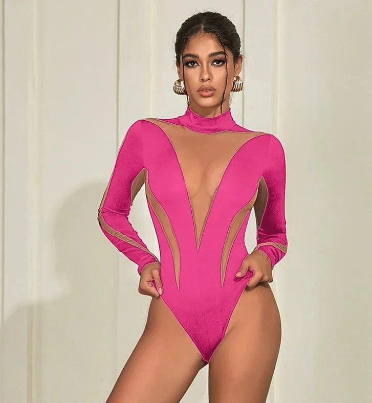 Summer Sexy Club Bodysuits 2024 New Long Sleeve Mesh Patchwork Slim Bodysuits Top See Through Bodysuits For Women