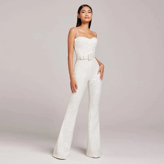 Summer Sexy Elegant White Bodysuit Sequin Rompers Women's Jumpsuits With Belts