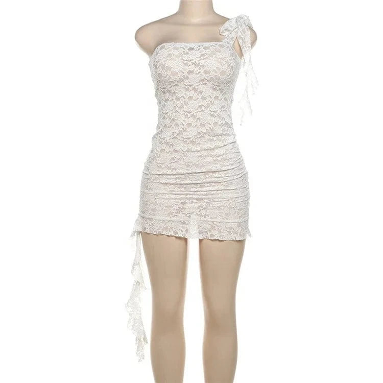 Summer Sexy White Lace Mini Dress Party Outfits For Women 2024 Strapless Lace-up Booty Short Dresses