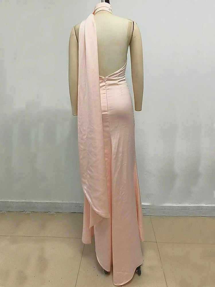 Summer Sexy Women's Red Flower Halter Off Shoulder Satin Backless Fashion Evening Long Dress Light luxury Wedding Party Dress