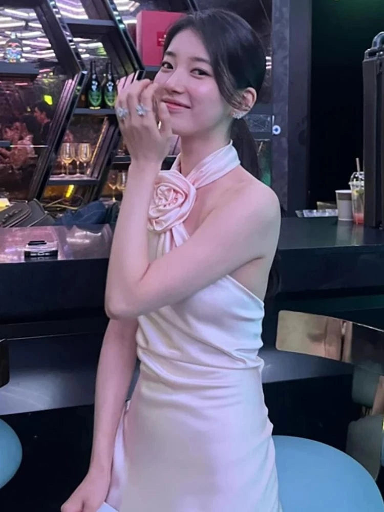 Summer Sexy Women's Red Flower Halter Off Shoulder Satin Backless Fashion Evening Long Dress Light luxury Wedding Party Dress