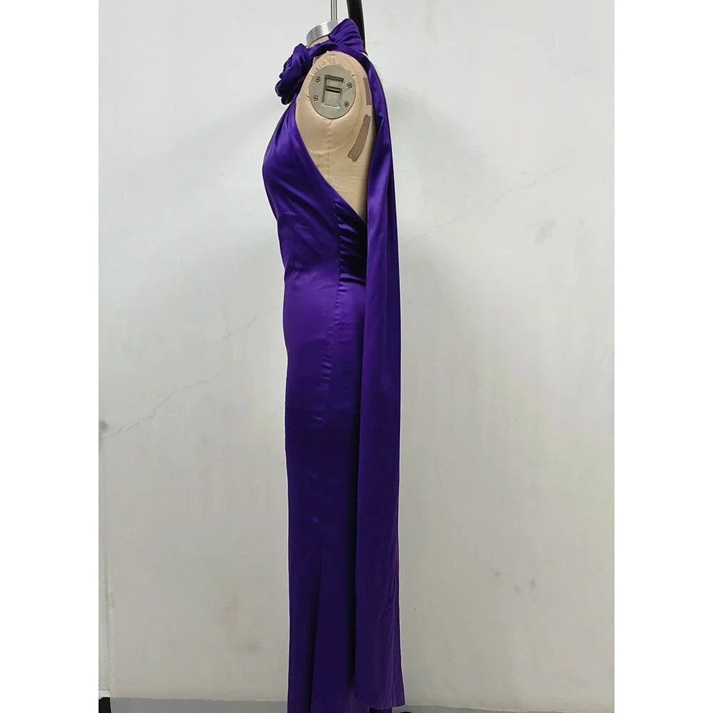 Summer Sexy Women's Red Flower Halter Off Shoulder Satin Backless Fashion Evening Long Dress Light luxury Wedding Party Dress