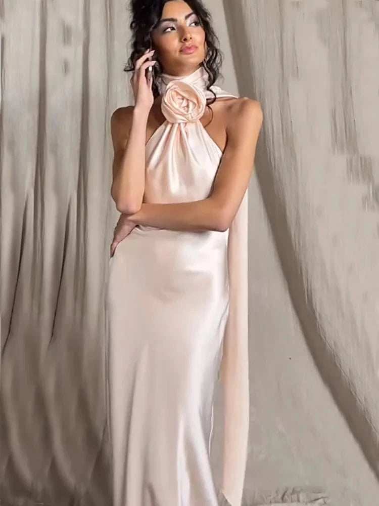 Summer Sexy Women's Red Flower Halter Off Shoulder Satin Backless Fashion Evening Long Dress Light luxury Wedding Party Dress