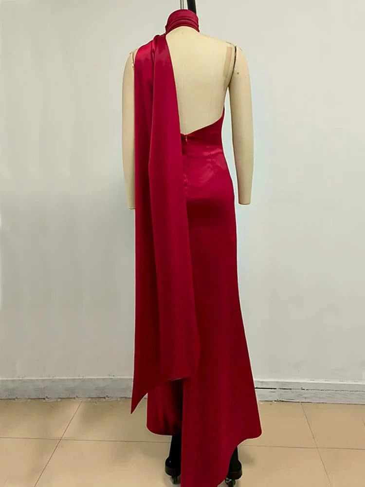 Summer Sexy Women's Red Flower Halter Off Shoulder Satin Backless Fashion Evening Long Dress Light luxury Wedding Party Dress