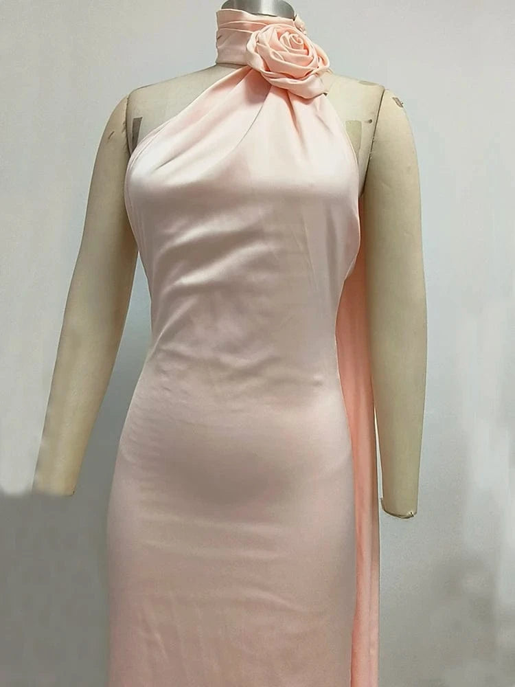 Summer Sexy Women's Red Flower Halter Off Shoulder Satin Backless Fashion Evening Long Dress Light luxury Wedding Party Dress