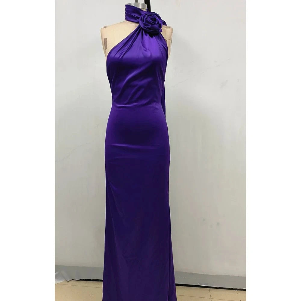 Summer Sexy Women's Red Flower Halter Off Shoulder Satin Backless Fashion Evening Long Dress Light luxury Wedding Party Dress