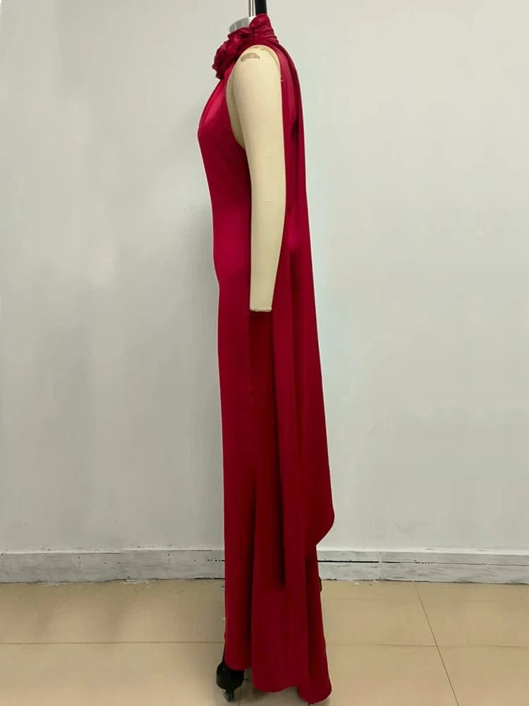 Summer Sexy Women's Red Flower Halter Off Shoulder Satin Backless Fashion Evening Long Dress Light luxury Wedding Party Dress