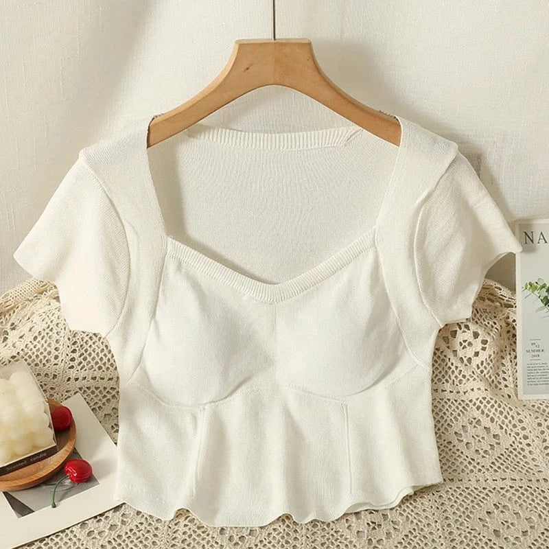 Summer Short Sleeve T-shirt Women With Chest Pad 2024 Casual Slim Fit Crop Tops Female Solid Color Sexy Y2K T Shirts