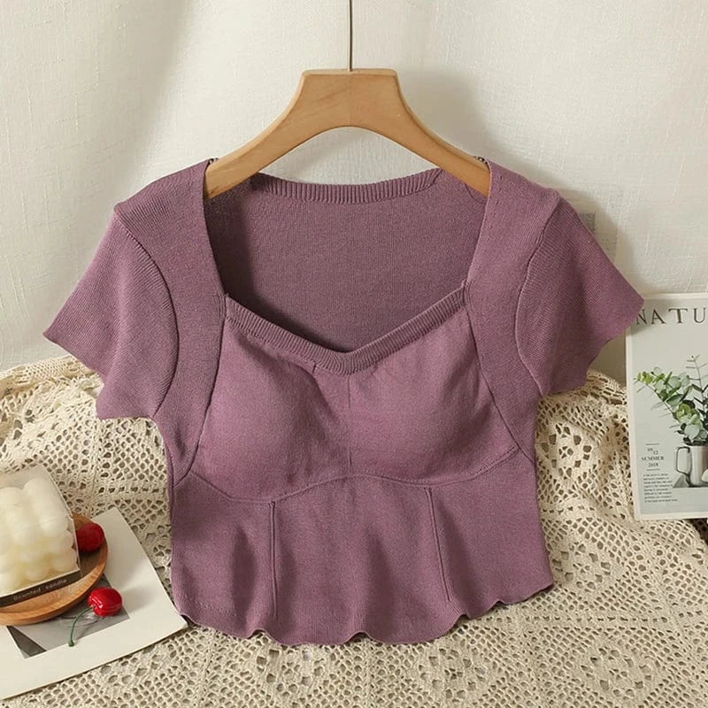 Summer Short Sleeve T-shirt Women With Chest Pad 2024 Casual Slim Fit Crop Tops Female Solid Color Sexy Y2K T Shirts