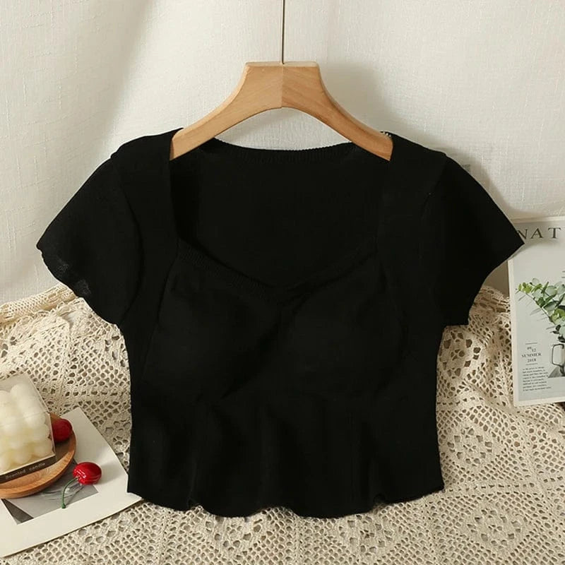 Summer Short Sleeve T-shirt Women With Chest Pad 2024 Casual Slim Fit Crop Tops Female Solid Color Sexy Y2K T Shirts