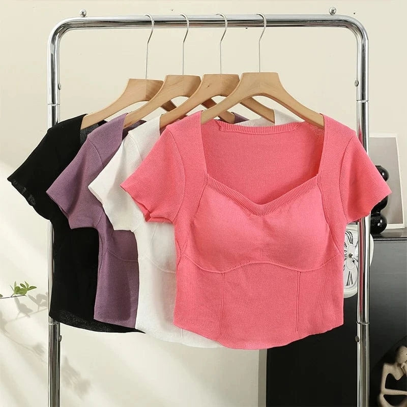 Summer Short Sleeve T-shirt Women With Chest Pad 2024 Casual Slim Fit Crop Tops Female Solid Color Sexy Y2K T Shirts