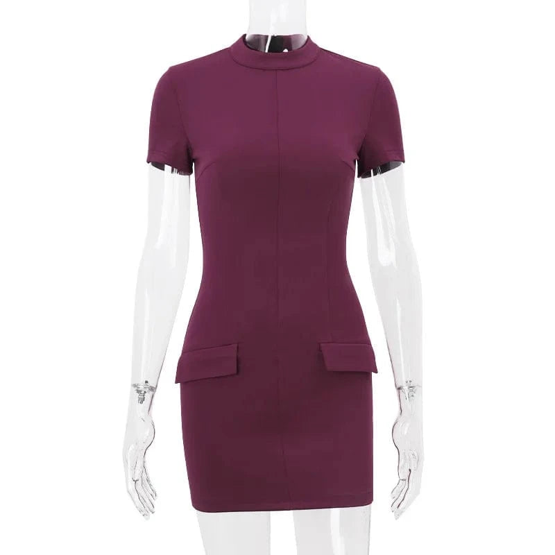 Summer Solid High Waist Mini Dress Elegant Women Fashion Pocket decora Short Sleeve Bodycon Dresses 2024 Chic Party Club Robes