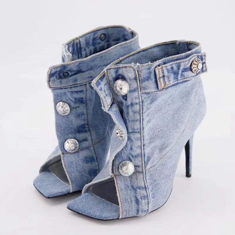 Summer Square Open Toe  High-Heeled Short Boots Denim Ankle Booty Women Stiletto Sandals Front Buckles Jeans Shoes