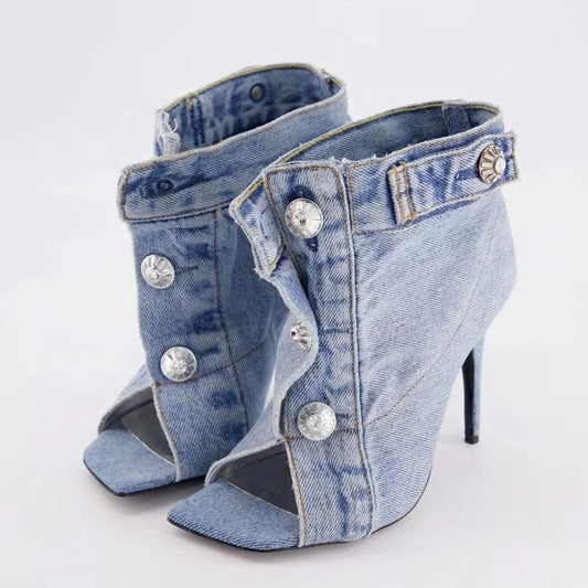 Summer Square Open Toe  High-Heeled Short Boots Denim Ankle Booty Women Stiletto Sandals Front Buckles Jeans Shoes