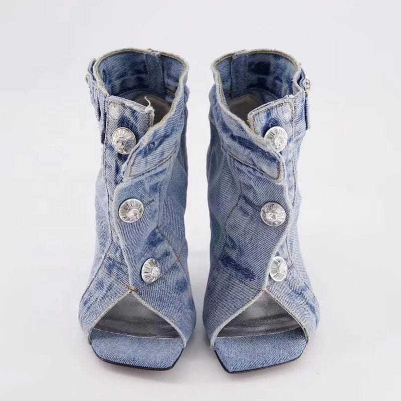 Summer Square Open Toe  High-Heeled Short Boots Denim Ankle Booty Women Stiletto Sandals Front Buckles Jeans Shoes