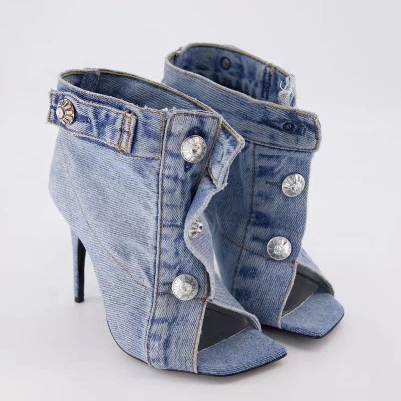 Summer Square Open Toe  High-Heeled Short Boots Denim Ankle Booty Women Stiletto Sandals Front Buckles Jeans Shoes