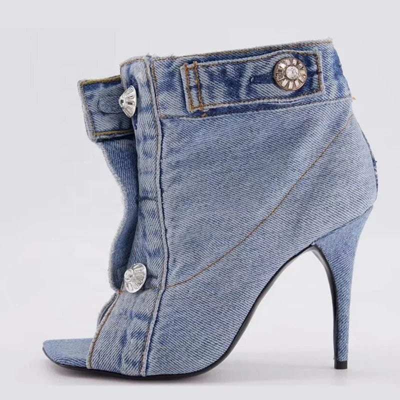 Summer Square Open Toe  High-Heeled Short Boots Denim Ankle Booty Women Stiletto Sandals Front Buckles Jeans Shoes