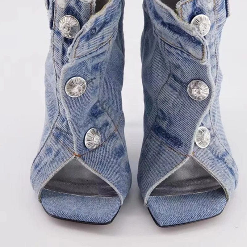 Summer Square Open Toe  High-Heeled Short Boots Denim Ankle Booty Women Stiletto Sandals Front Buckles Jeans Shoes