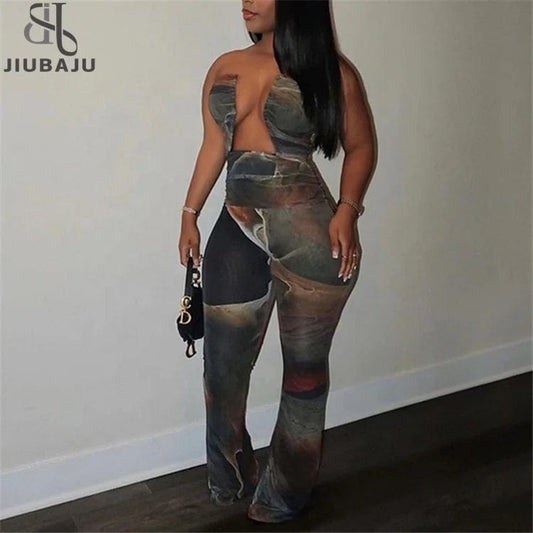 Summer Strapless Open Chest Hollow Out Jumpsuit Women Off the Shoulder Sexy Wide Leg Bodycon Rompers