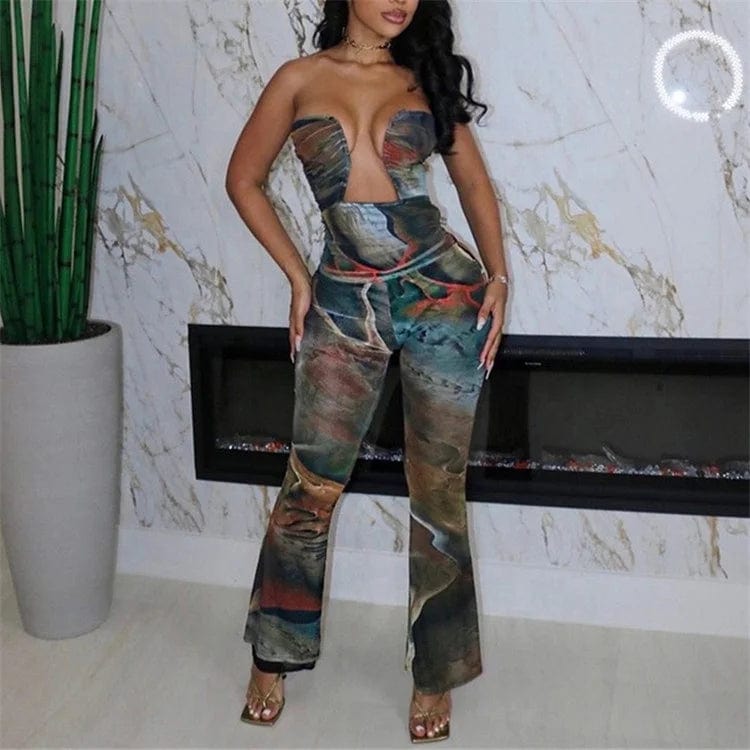Summer Strapless Open Chest Hollow Out Jumpsuit Women Off the Shoulder Sexy Wide Leg Bodycon Rompers