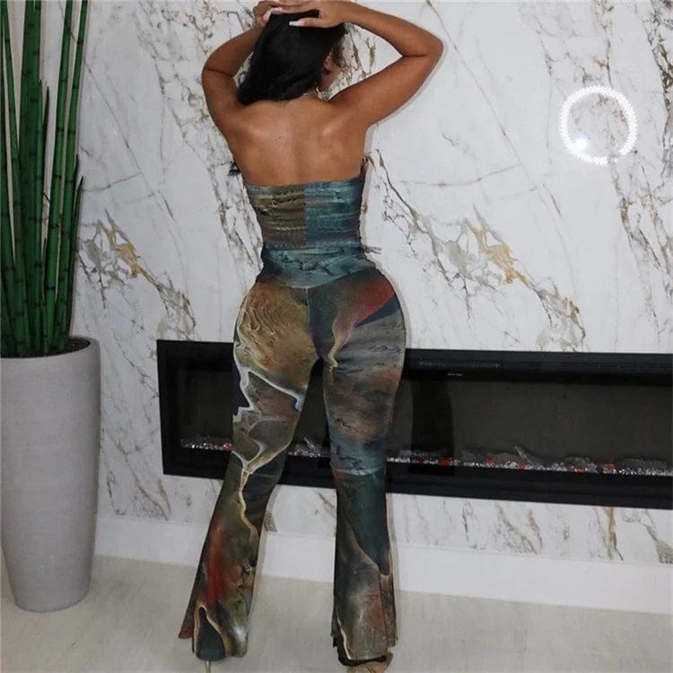 Summer Strapless Open Chest Hollow Out Jumpsuit Women Off the Shoulder Sexy Wide Leg Bodycon Rompers