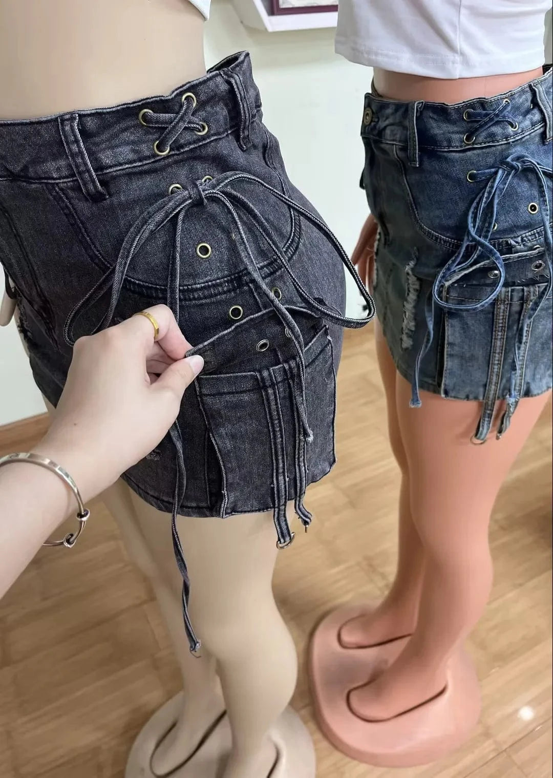 Summer Trending Jeans Shorts Blue Denim bandage Cargo Skirt Female 2024 New Vintage Slim Fit  Jean Skirt With Pockets For Women