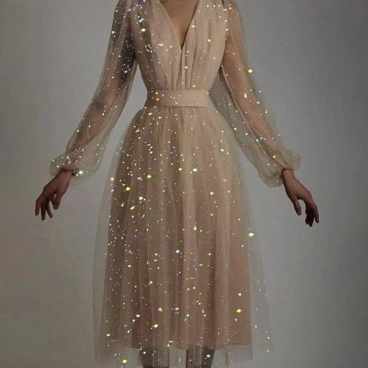 Summer V-neck Lantern Long Sleeve Women Dresses Sequined Mesh Tulle  Knee-high Clothing Lady Elegant Evening Dress
