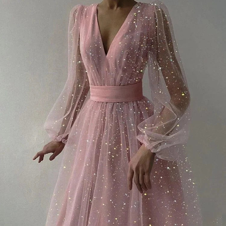 Summer V-neck Lantern Long Sleeve Women Dresses Sequined Mesh Tulle  Knee-high Clothing Lady Elegant Evening Dress