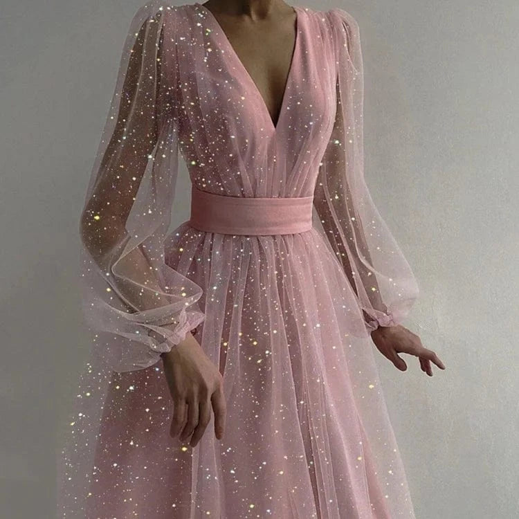 Summer V-neck Lantern Long Sleeve Women Dresses Sequined Mesh Tulle  Knee-high Clothing Lady Elegant Evening Dress