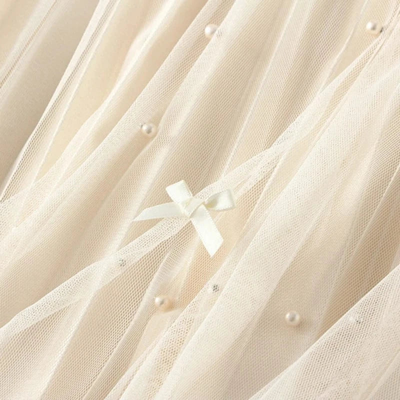 Summer Vintage Bow Pleated Mesh Midi Skirt for Womans Elastic High Waist Big Hem Pleated Long Skirts Women Beading Chic Faldas