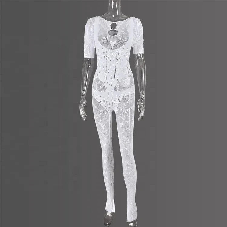 Summer White Rhinestone Hollow Out Bodycon Jumpsuit Midnight Club Outfits Women 2024 Sexy See Through Stretchy Jumpsuits