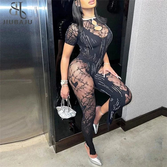 Summer White Rhinestone Hollow Out Bodycon Jumpsuit Midnight Club Outfits Women 2024 Sexy See Through Stretchy Jumpsuits
