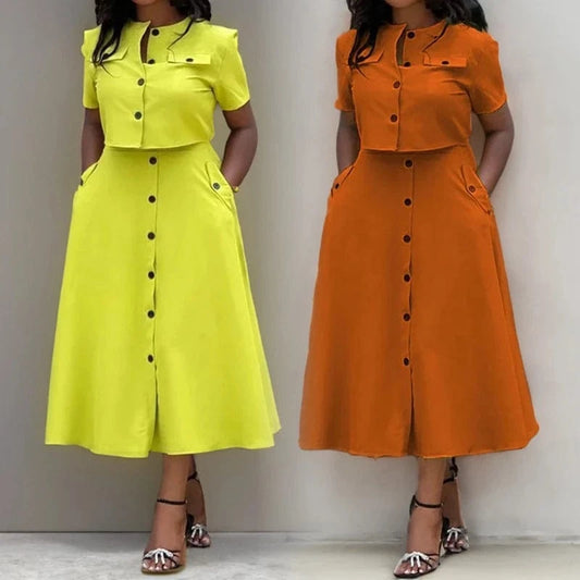 Summer Women Clothing Ladies Casual O Neck Short Sleeve Shirt Crop Top High Waist Button Half Skirt Two Piece Women's Sets