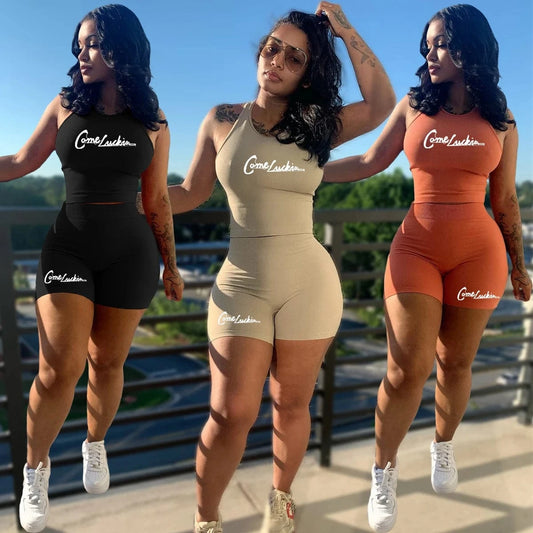 Summer Women custom logo solid color women fashion sexy pit strip two piece set sports fitness 2 piece set casual for women