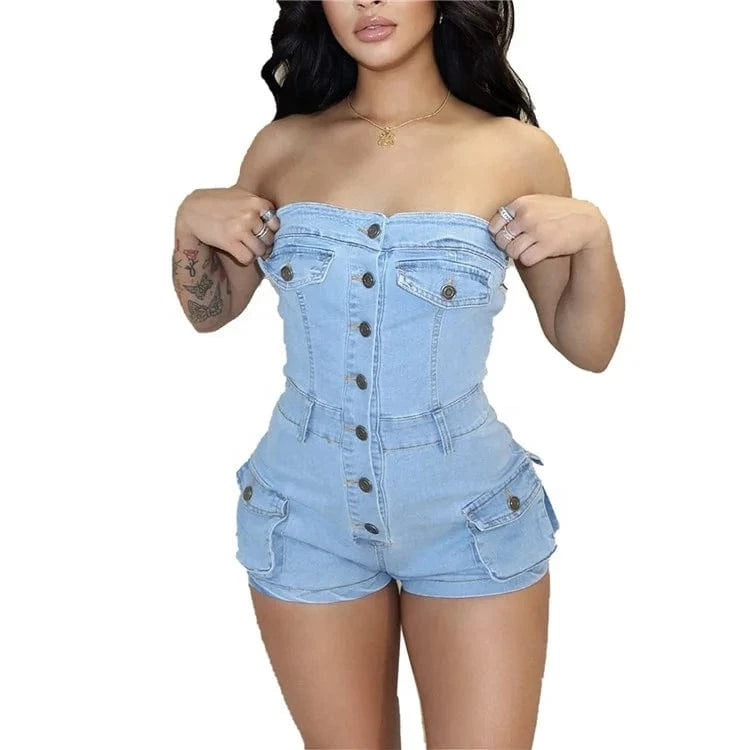 Summer Women Jeans Jumpsuit Off Shoulder 2024 Casual Elastic Denim Rompers Shorts Women