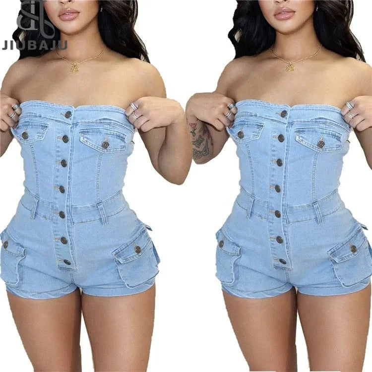 Summer Women Jeans Jumpsuit Off Shoulder 2024 Casual Elastic Denim Rompers Shorts Women