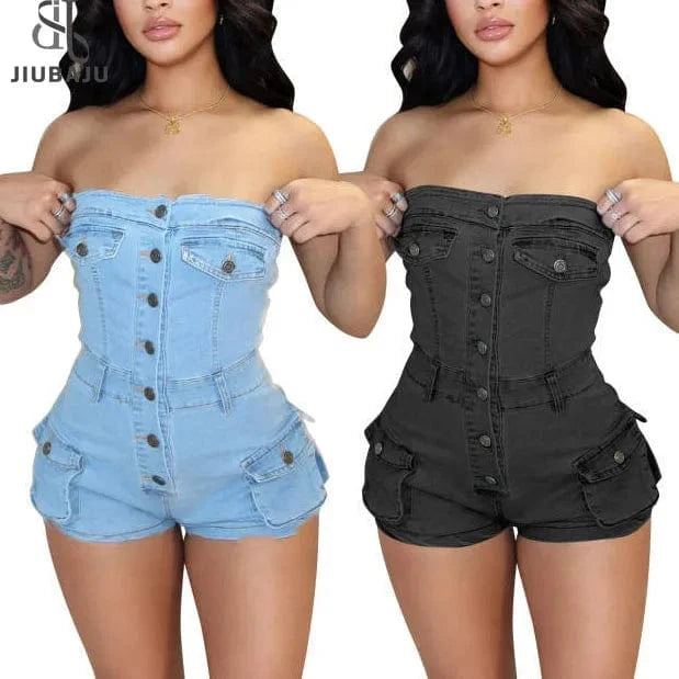 Summer Women Jeans Jumpsuit Off Shoulder 2024 Casual Elastic Denim Rompers Shorts Women