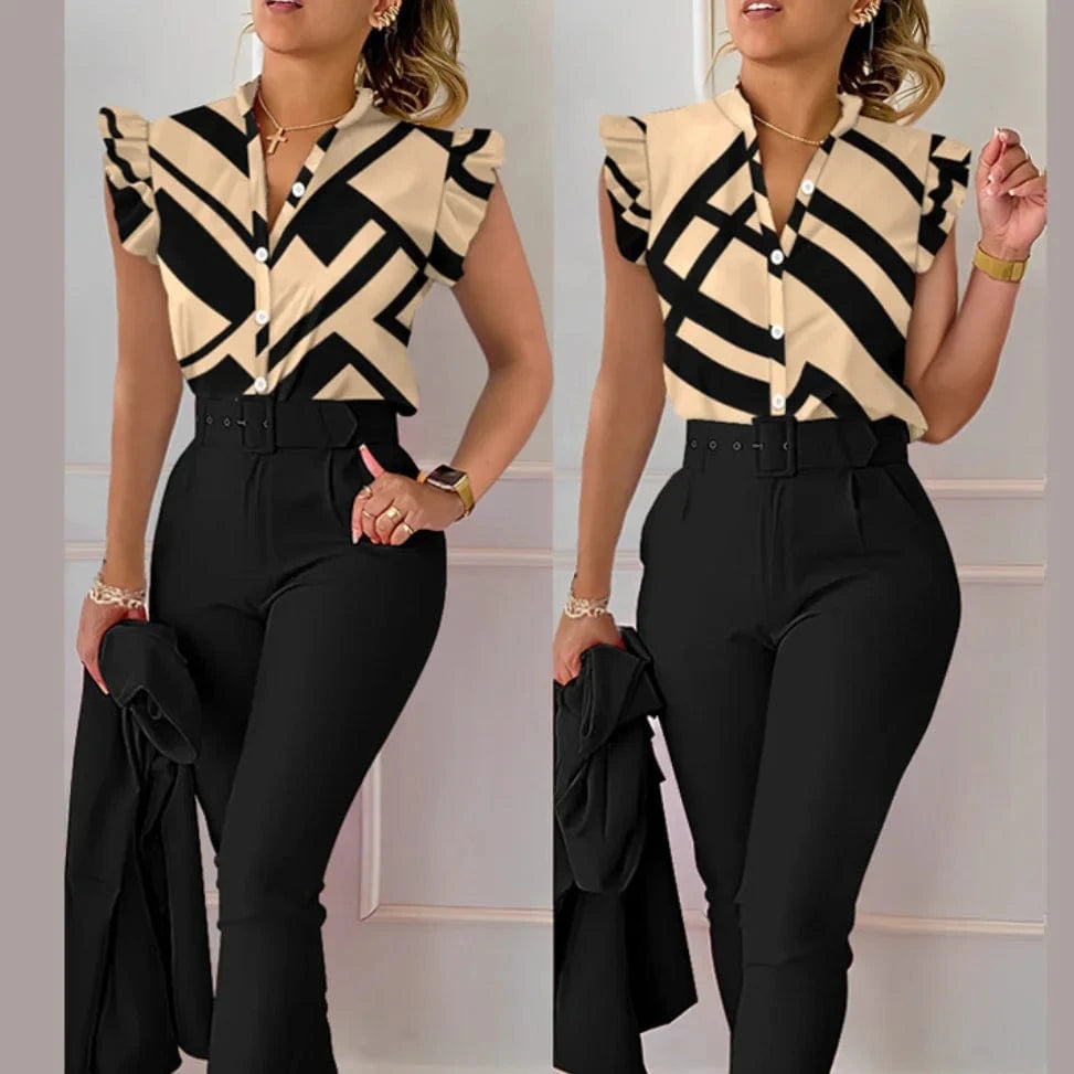 Summer Women's Flower Print High Waist Pants Set Waist Belt Women's V-Neck Two Piece Sets and shirt Work Suit Set 2024
