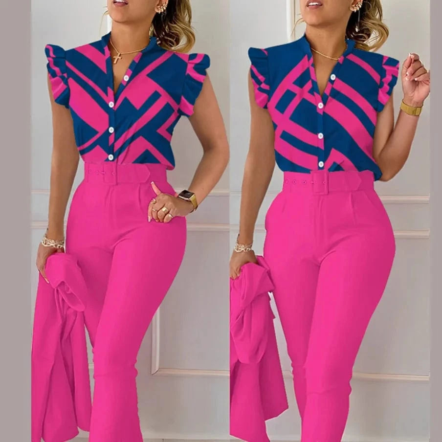 Summer Women's Flower Print High Waist Pants Set Waist Belt Women's V-Neck Two Piece Sets and shirt Work Suit Set 2024