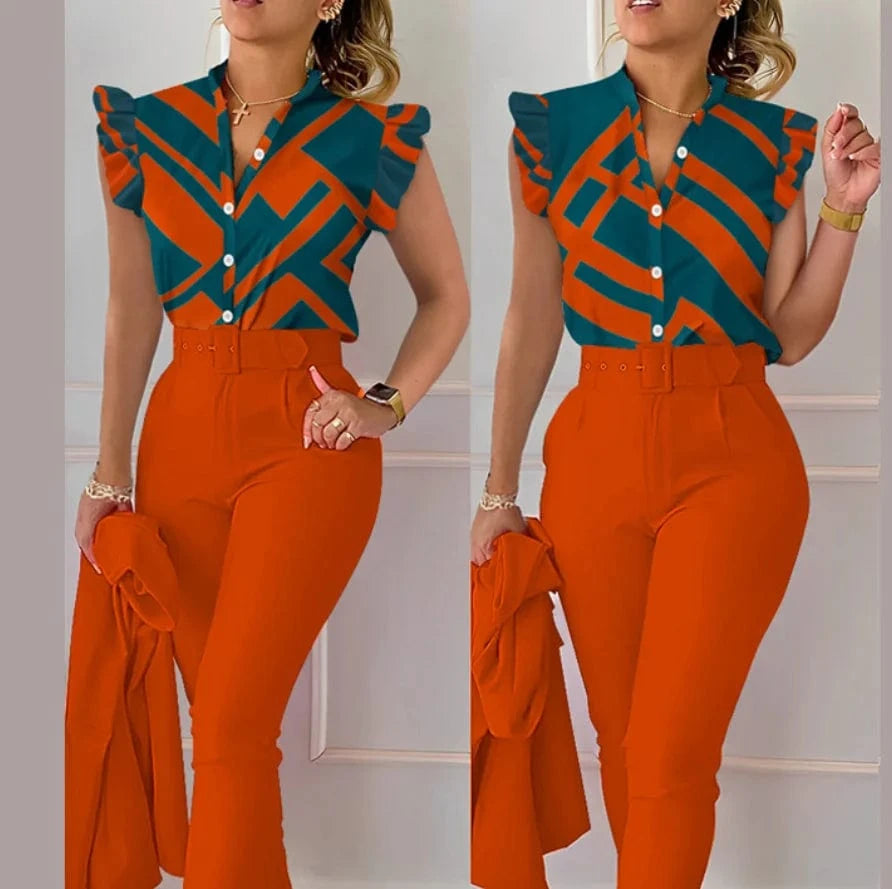 Summer Women's Flower Print High Waist Pants Set Waist Belt Women's V-Neck Two Piece Sets and shirt Work Suit Set 2024