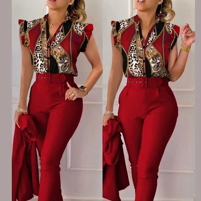 Summer Women's Flower Print High Waist Pants Set Waist Belt Women's V-Neck Two Piece Sets and shirt Work Suit Set 2024