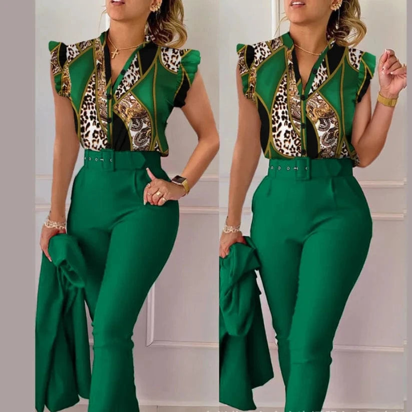 Summer Women's Flower Print High Waist Pants Set Waist Belt Women's V-Neck Two Piece Sets and shirt Work Suit Set 2024